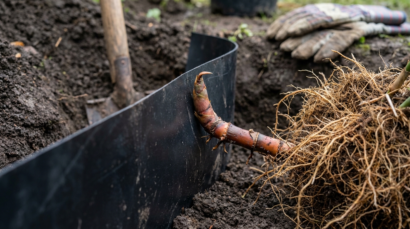 Rhizomsperre aus HDPE gegen ausläuferbildenden Bambus im Pflanzgraben