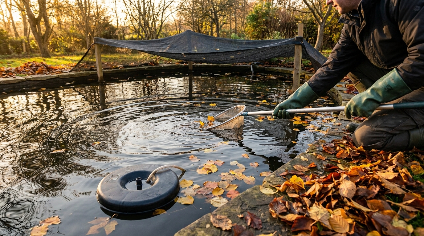 Teich reinigen im Herbst: Kescher entfernt Laub von der Wasseroberfläche, darüber ein Laubnetz und ein Eisfreihalter im Wasser