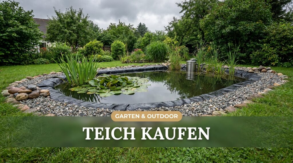 Frisch angelegter Gartenteich mit schwarzer Teichfolie, Kiesrand und Seerosen im grünen Garten