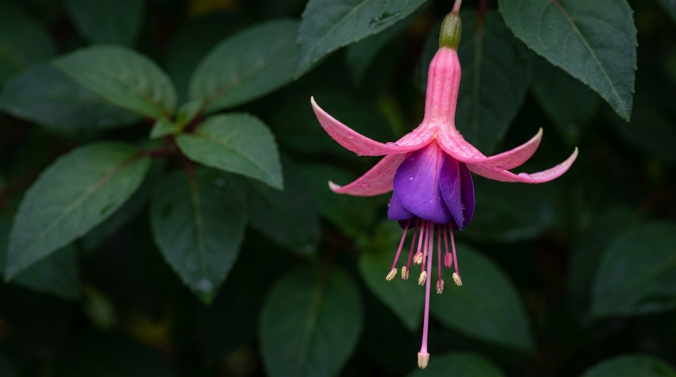 Nahaufnahme einer Fuchsienblüte mit gefüllten Blütenblättern und Staubgefäßen