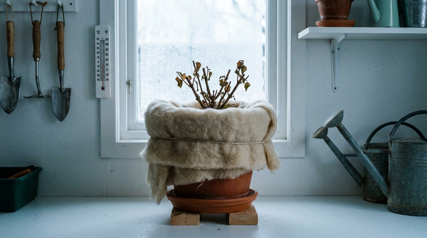 Überwinterung eines Zauberglöckchens im Topf mit Vlies geschützt im Winterquartier