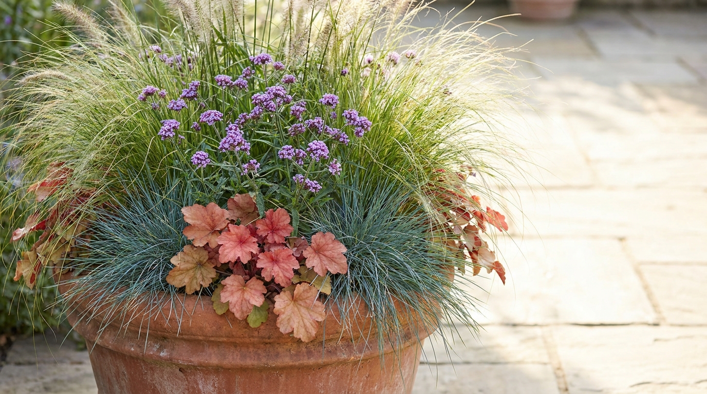 pflanzkuebel bepflanzt ziergraeser blumen