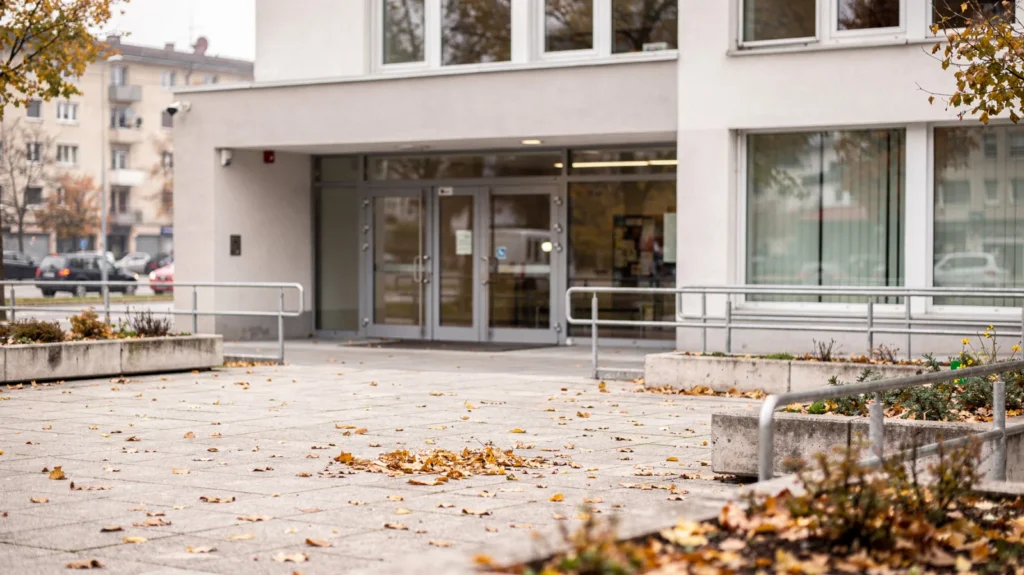 Herbstliche Schule in Österreich mit geschlossenem Eingang am Allerseelentag