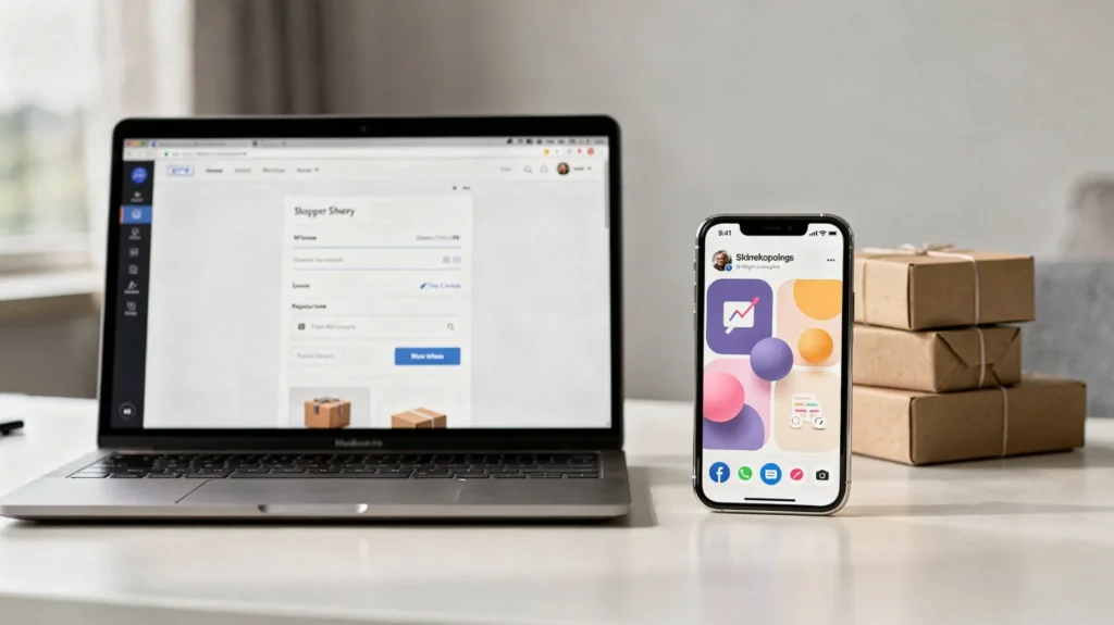 Influencer-Rabattcodes finden und richtig einlösen Laptop und Smartphone bei einem Online-Checkout mit Rabattcode-Feld für Influencer-Rabattcodes.