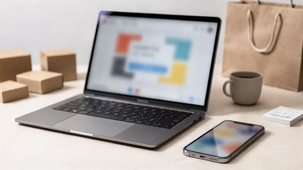 Laptop mit Rabattcode-Suchseite neben Smartphone und Einkaufsartikeln auf einem Schreibtisch