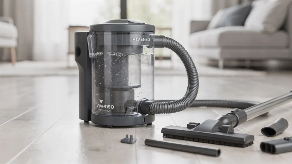 Vivenso Wasserstaubsauger: Black Friday wirklich lohnt? Vivenso Wasserstaubsauger neben Zubehör auf hellem Wohnungsboden mit geöffnetem Wasserbehälter